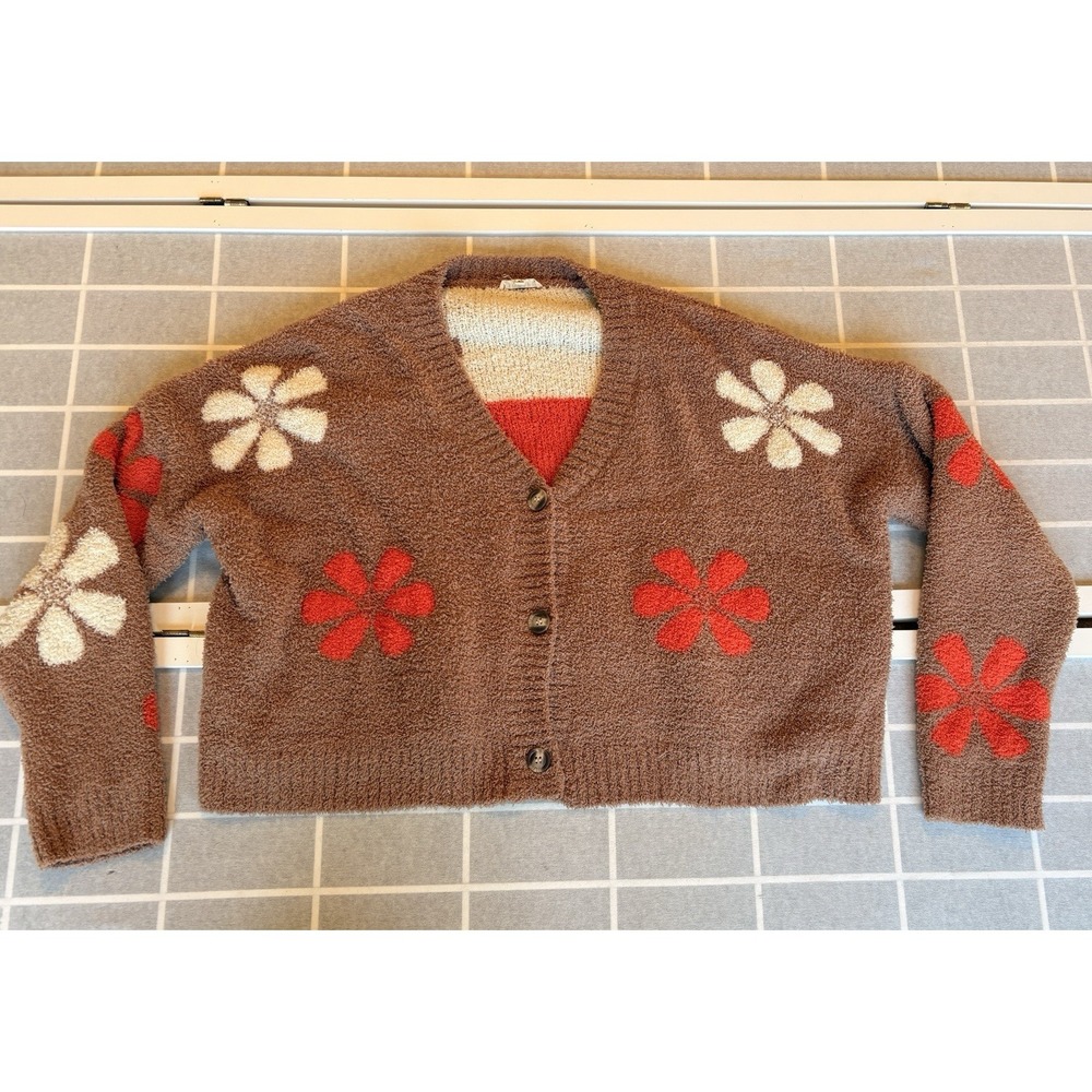 Brown Orange Kawaii Cute Daisy Button Down Fuzzy Cardigan‎ Size L Preppy Artsy